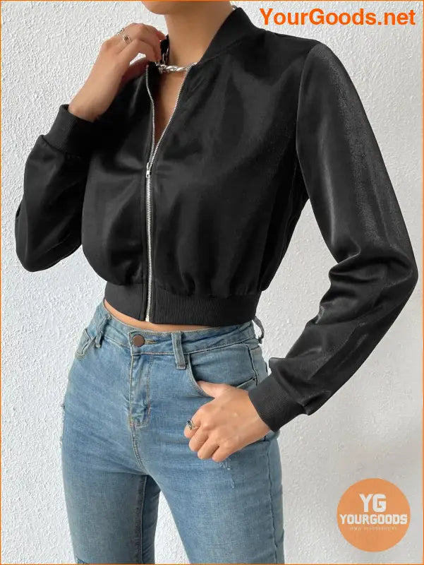 YOURGOODS Spring Clothes Solid Zip Up Crop Bomber Jacket - YourGoods Online Shop