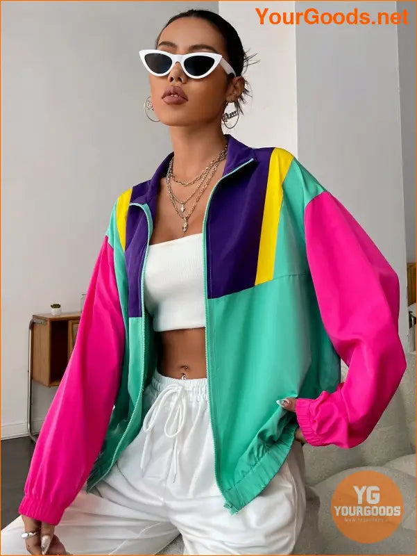 YOURGOODS Spring Outfit Color Block Drop Shoulder Zipper Jacket - YourGoods Online Shop