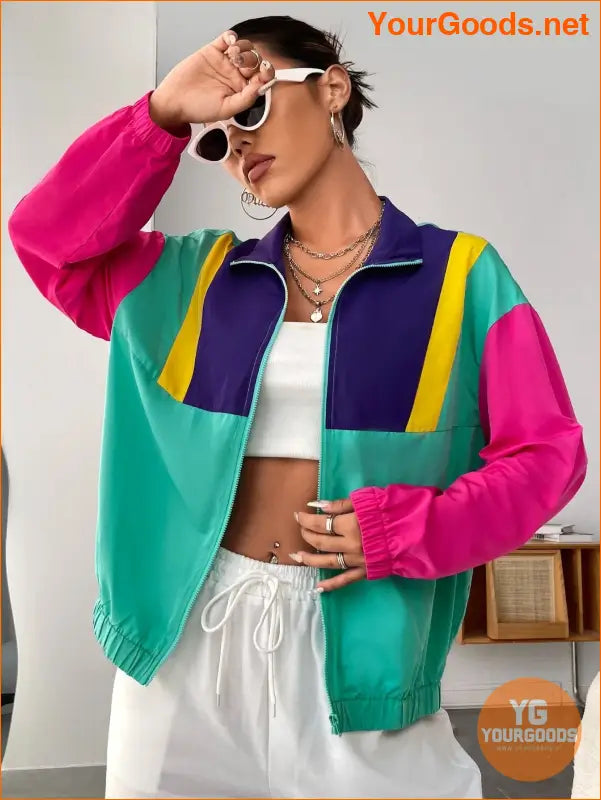 YOURGOODS Spring Outfit Color Block Drop Shoulder Zipper Jacket - YourGoods Online Shop