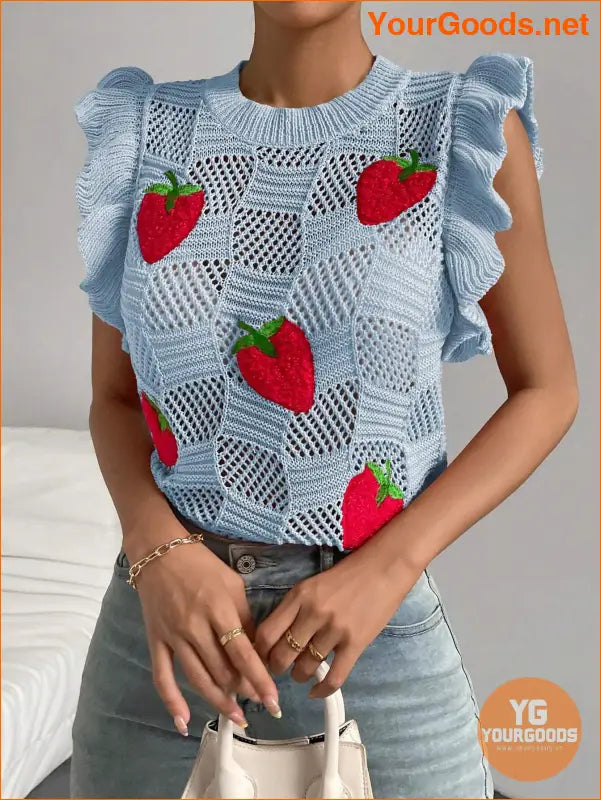 YOURGOODS Strawberry Pattern Ruffle Pointelle Knit Vest - YourGoods Online Shop