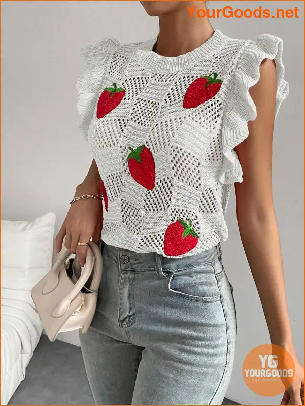 YOURGOODS Strawberry Pattern Ruffle Pointelle Knit Vest - YourGoods Online Shop