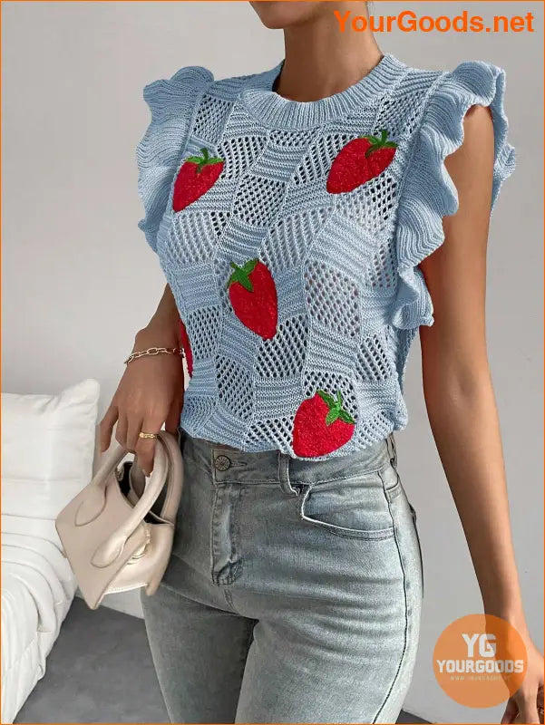 YOURGOODS Strawberry Pattern Ruffle Pointelle Knit Vest - YourGoods Online Shop