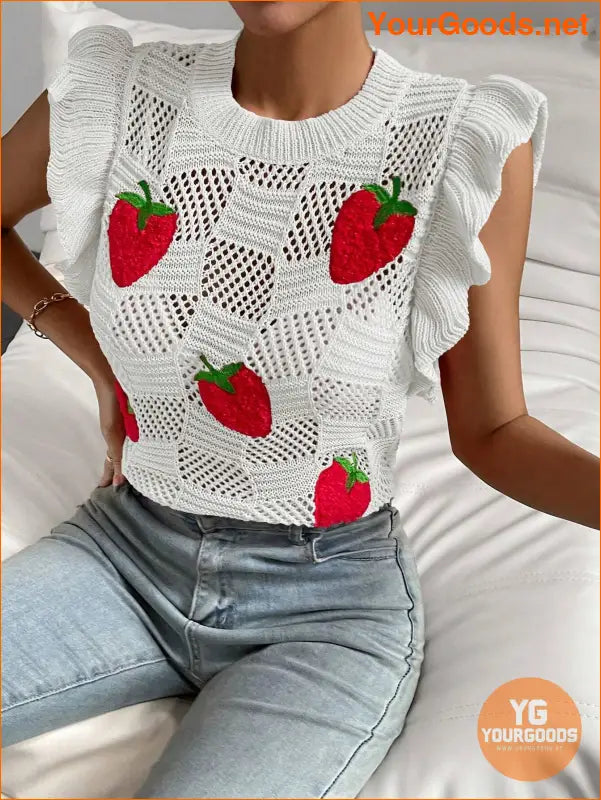 YOURGOODS Strawberry Pattern Ruffle Pointelle Knit Vest - YourGoods Online Shop