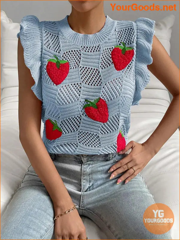 YOURGOODS Strawberry Pattern Ruffle Pointelle Knit Vest - YourGoods Online Shop