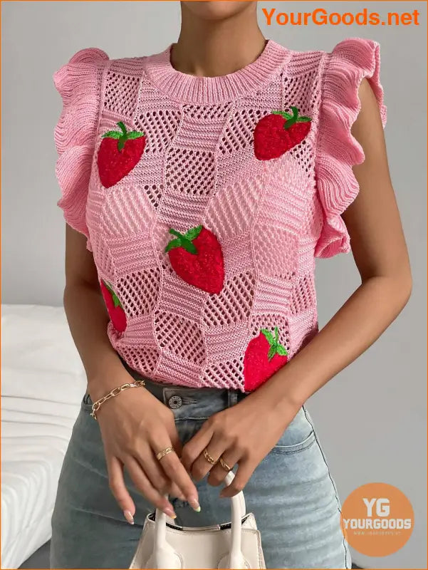 YOURGOODS Strawberry Pattern Ruffle Pointelle Knit Vest - YourGoods Online Shop