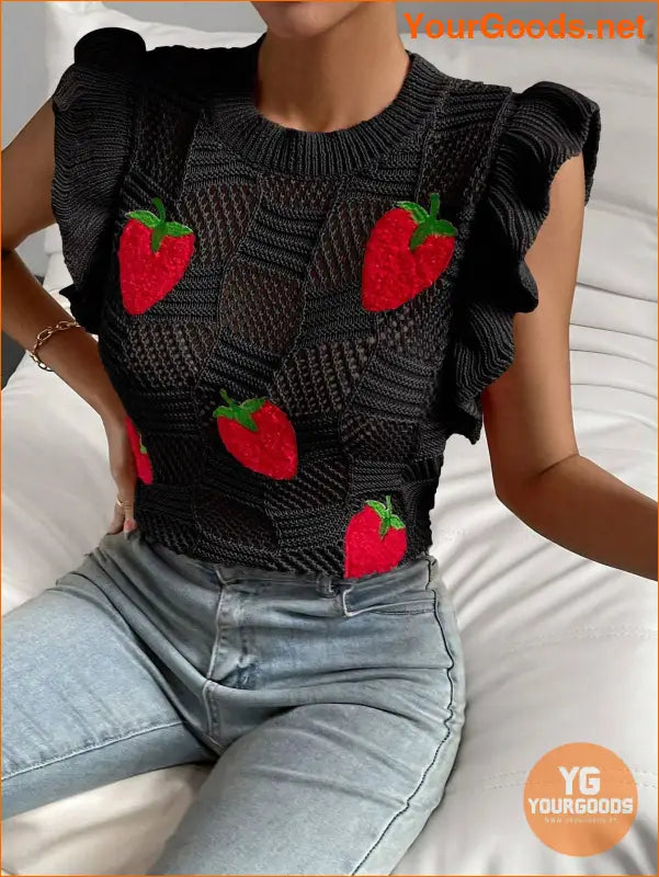 YOURGOODS Strawberry Pattern Ruffle Pointelle Knit Vest - YourGoods Online Shop