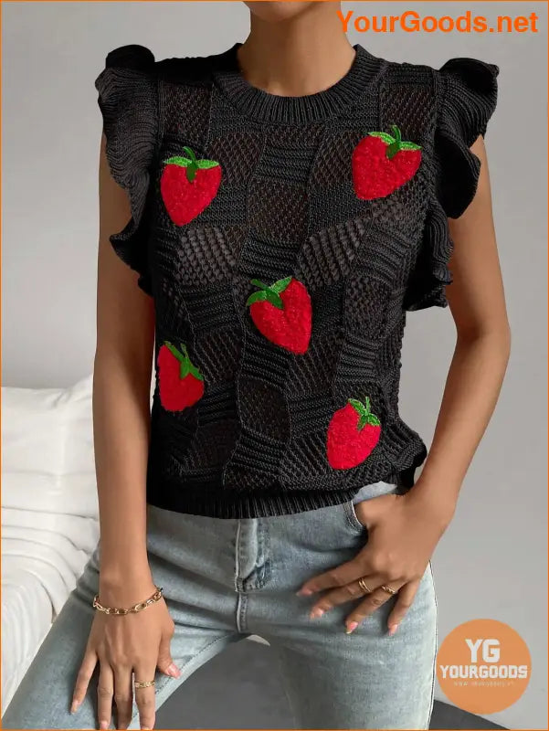 YOURGOODS Strawberry Pattern Ruffle Pointelle Knit Vest - YourGoods Online Shop