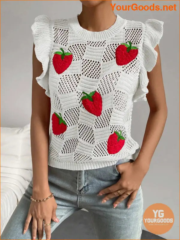 YOURGOODS Strawberry Pattern Ruffle Pointelle Knit Vest - YourGoods Online Shop