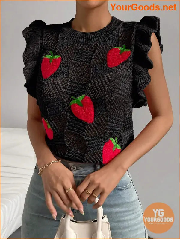 YOURGOODS Strawberry Pattern Ruffle Pointelle Knit Vest - YourGoods Online Shop