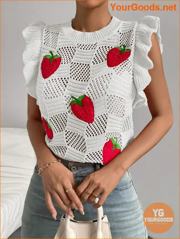 YOURGOODS Strawberry Pattern Ruffle Pointelle Knit Vest - YourGoods Online Shop