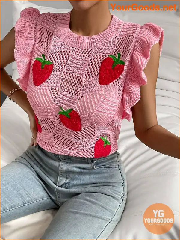 YOURGOODS Strawberry Pattern Ruffle Pointelle Knit Vest - YourGoods Online Shop