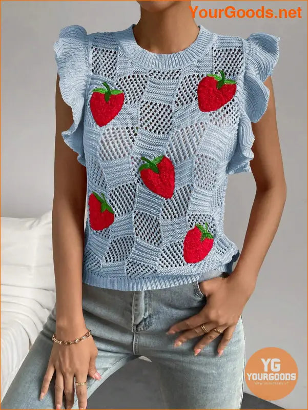 YOURGOODS Strawberry Pattern Ruffle Pointelle Knit Vest - YourGoods Online Shop