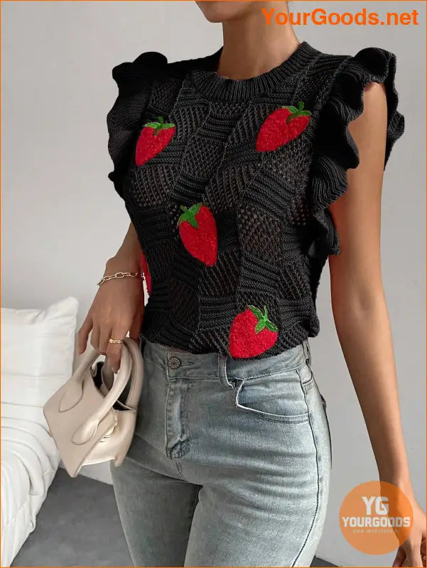 YOURGOODS Strawberry Pattern Ruffle Pointelle Knit Vest - YourGoods Online Shop