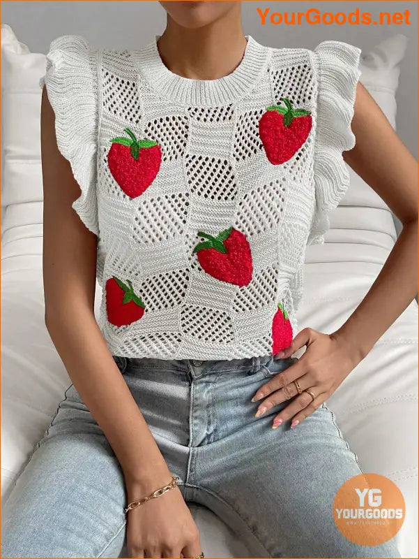 YOURGOODS Strawberry Pattern Ruffle Pointelle Knit Vest - YourGoods Online Shop