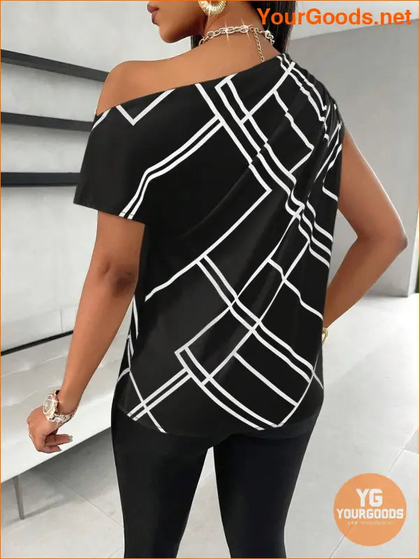 YOURGOODS Striped Ruched Asymmetrical Shoulder Top - YourGoods Online Shop