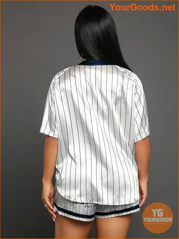 YOURGOODS Striped Satin Sports Shirt with Letter Graphic - YourGoods Online Shop