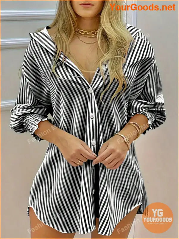 YOURGOODS Stylish Womens Lapel Striped Blouse - YourGoods Online Shop