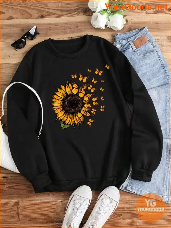 YOURGOODS Sunflower And Butterfly Print Thermal Lined Sweatshirt - YourGoods Online Shop