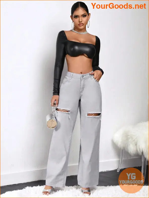 YOURGOODS SXY Cutout Ripped Wide Leg Jeans - YourGoods Online Shop