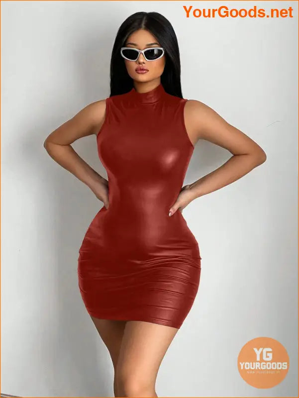 YOURGOODS SXY Mock Neck PU Leather Bodycon Dress - YourGoods Online Shop