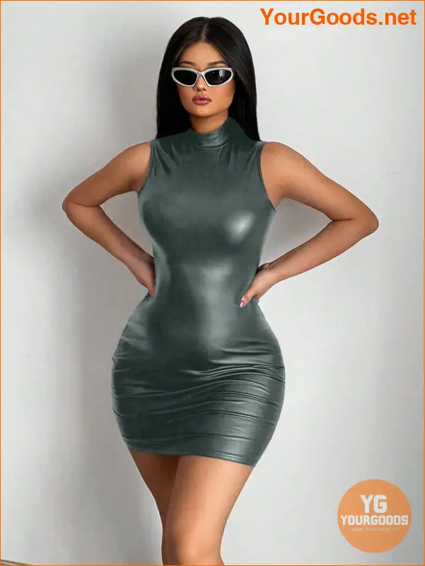 YOURGOODS SXY Mock Neck PU Leather Bodycon Dress - YourGoods Online Shop