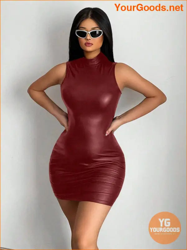 YOURGOODS SXY Mock Neck PU Leather Bodycon Dress - YourGoods Online Shop