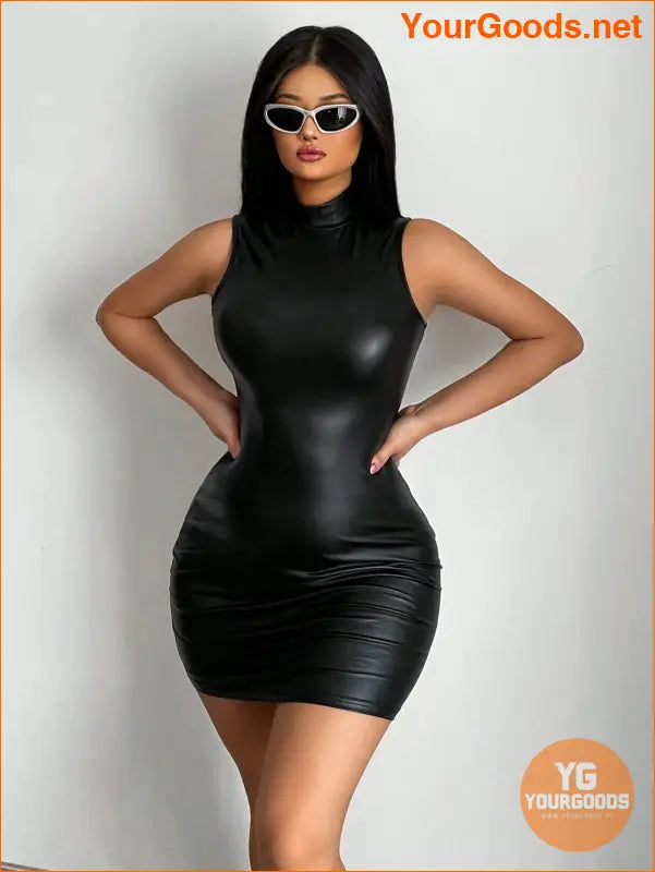 YOURGOODS SXY Mock Neck PU Leather Bodycon Dress - YourGoods Online Shop