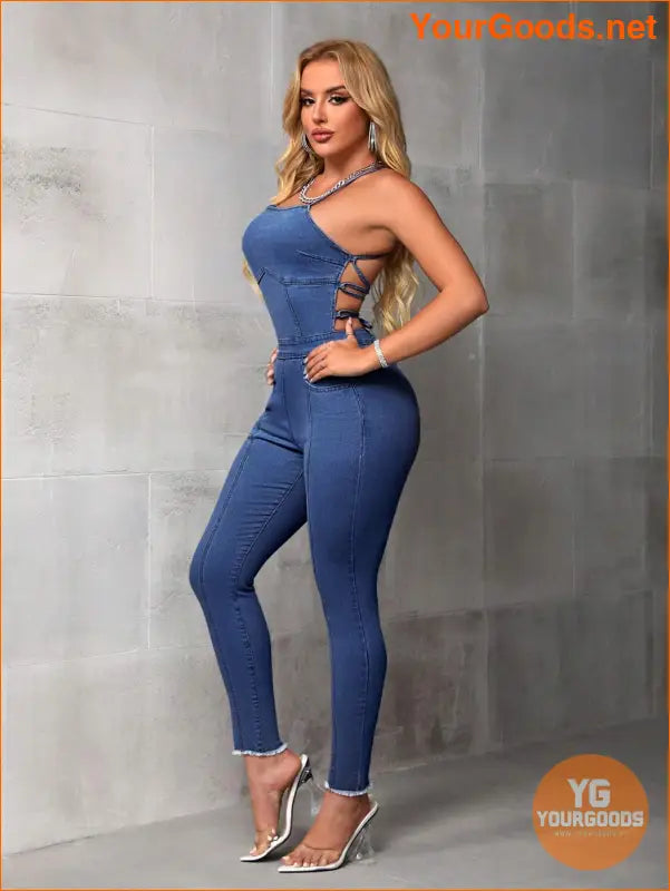 YOURGOODS SXY Strappy Hollow Out Denim Jumpsuit - YourGoods Online Shop