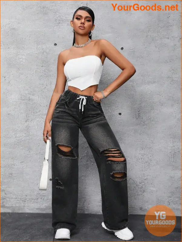 YOURGOODS SXY Waist Cut Out Ripped Wide Jeans - YourGoods Online Shop