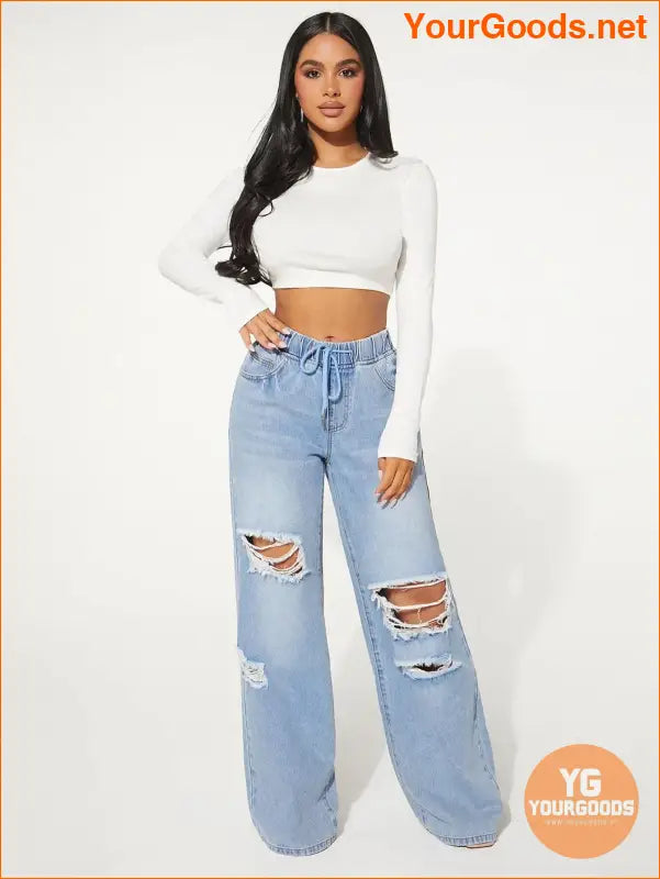 YOURGOODS SXY Waist Cut Out Ripped Wide Jeans - YourGoods Online Shop