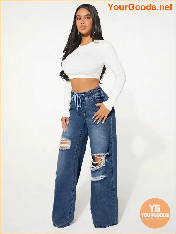 YOURGOODS SXY Waist Cut Out Ripped Wide Jeans - YourGoods Online Shop