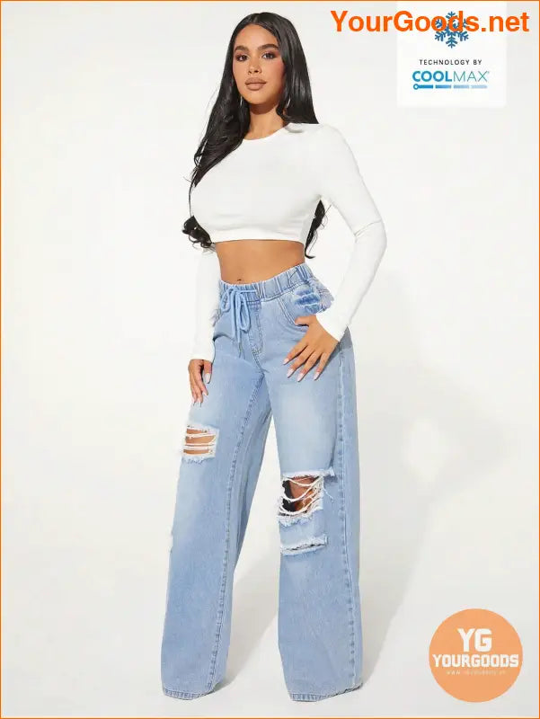 YOURGOODS SXY Waist Cut Out Ripped Wide Jeans - YourGoods Online Shop