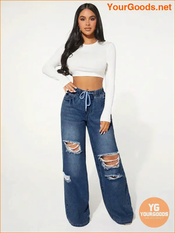 YOURGOODS SXY Waist Cut Out Ripped Wide Jeans - YourGoods Online Shop