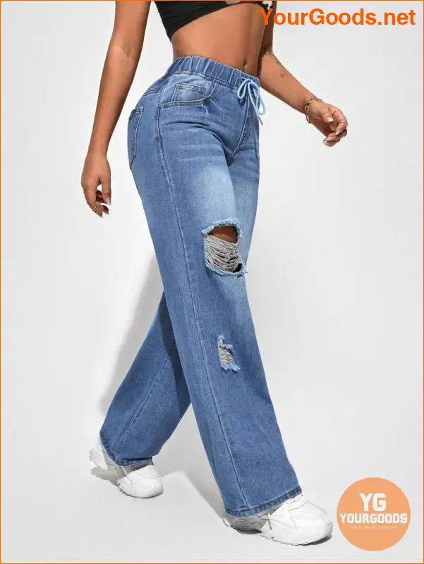 YOURGOODS SXY Waist Cut Out Ripped Wide Jeans - YourGoods Online Shop