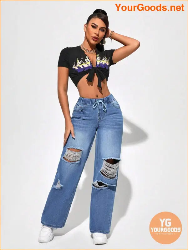 YOURGOODS SXY Waist Cut Out Ripped Wide Jeans - YourGoods Online Shop