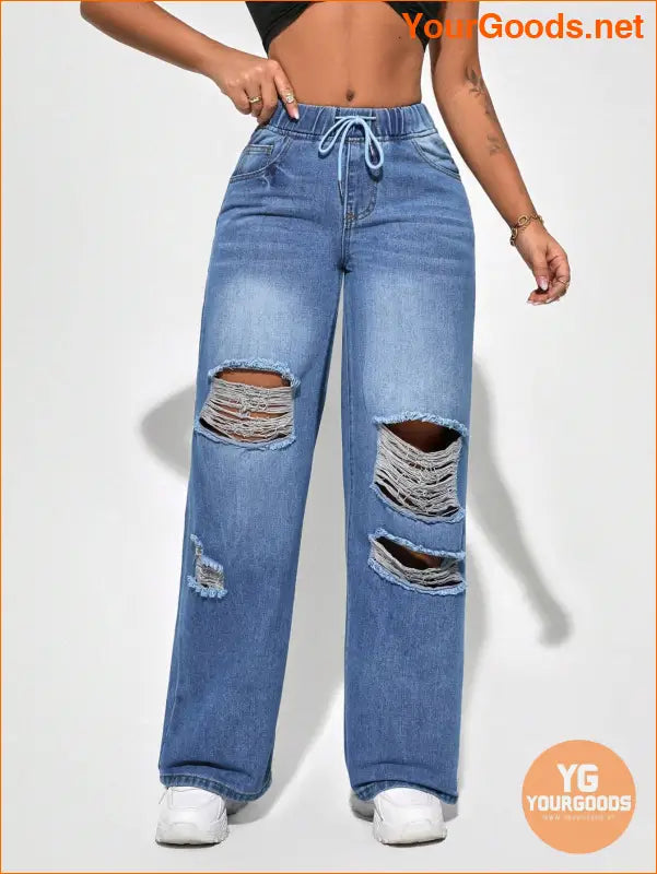 YOURGOODS SXY Waist Cut Out Ripped Wide Jeans - YourGoods Online Shop