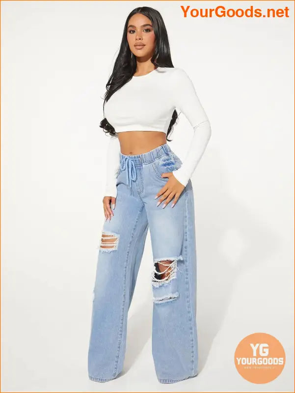 YOURGOODS SXY Waist Cut Out Ripped Wide Jeans - YourGoods Online Shop