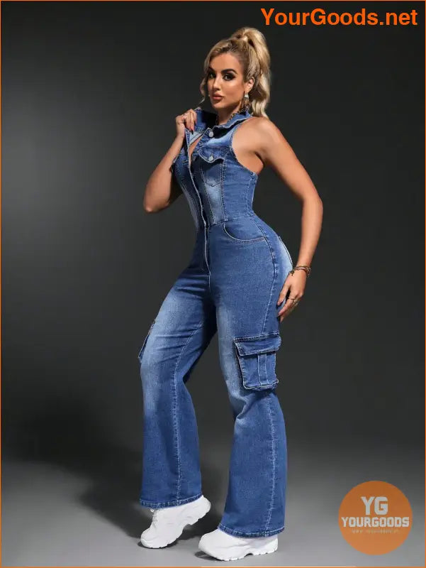 YOURGOODS SXY Womens Halter Cargo Denim Jumpsuit - YourGoods Online Shop