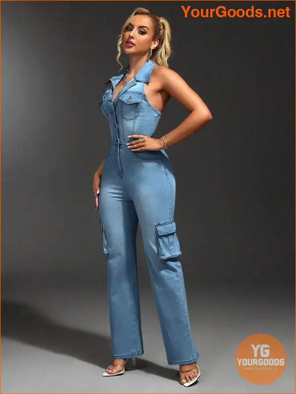 YOURGOODS SXY Womens Halter Cargo Denim Jumpsuit - YourGoods Online Shop