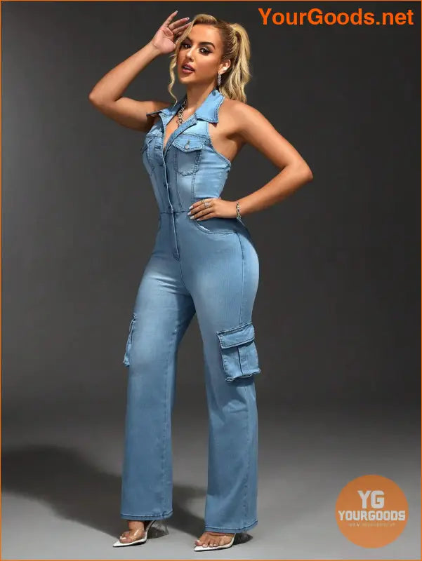 YOURGOODS SXY Womens Halter Cargo Denim Jumpsuit - YourGoods Online Shop