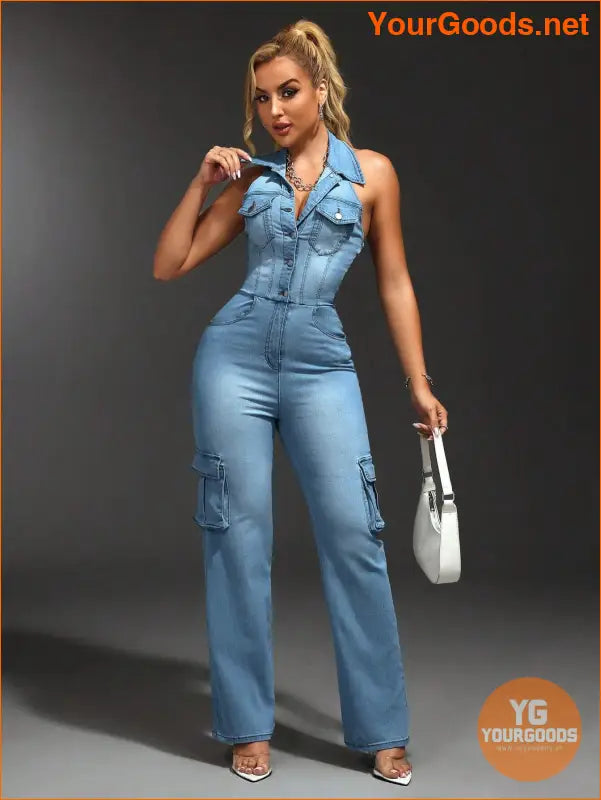 YOURGOODS SXY Womens Halter Cargo Denim Jumpsuit - YourGoods Online Shop