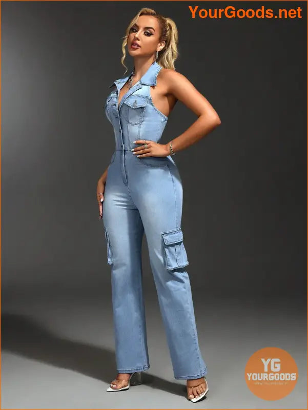 YOURGOODS SXY Womens Halter Cargo Denim Jumpsuit - YourGoods Online Shop