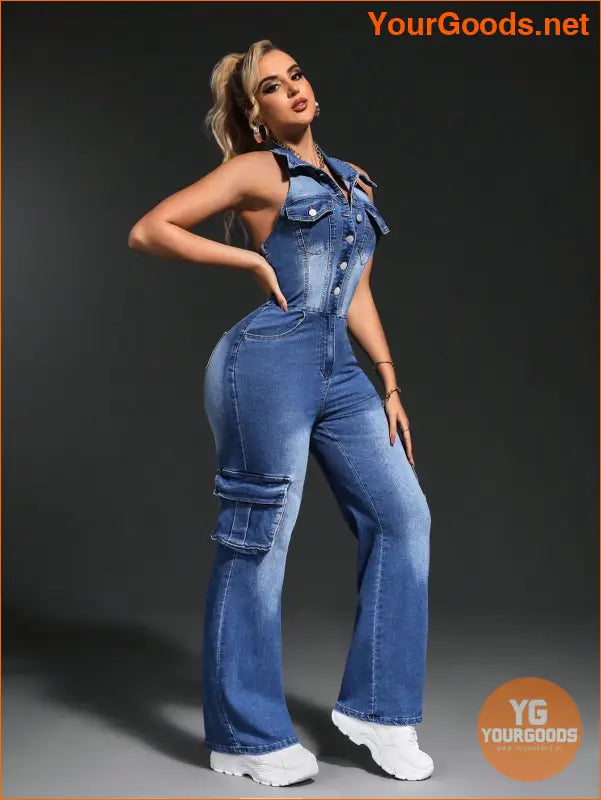 YOURGOODS SXY Womens Halter Cargo Denim Jumpsuit - YourGoods Online Shop