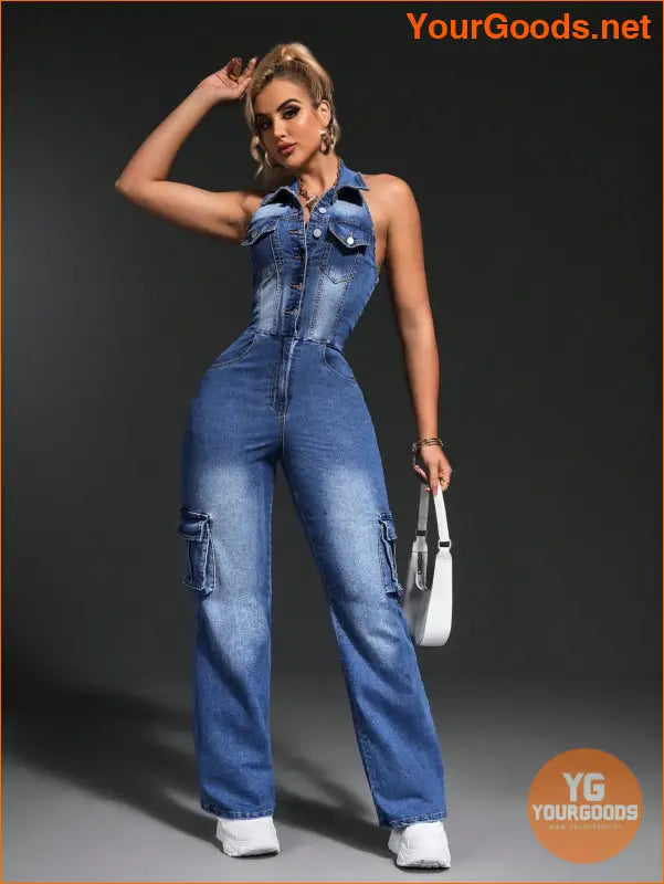 YOURGOODS SXY Womens Halter Cargo Denim Jumpsuit - YourGoods Online Shop