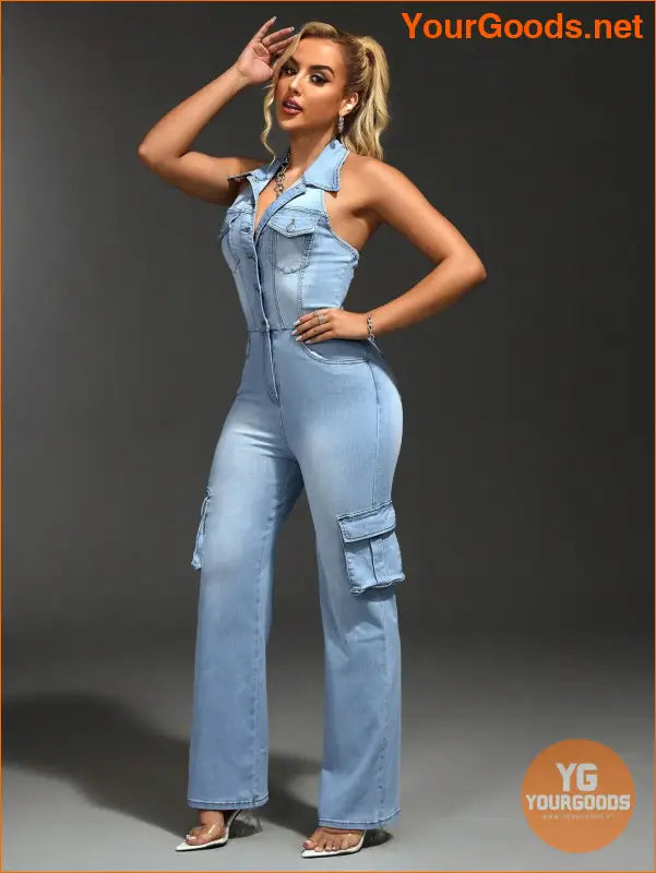 YOURGOODS SXY Womens Halter Cargo Denim Jumpsuit - YourGoods Online Shop