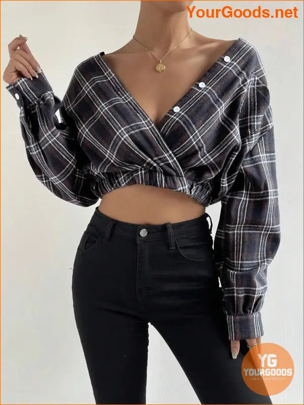 YOURGOODS Tartan Print Lantern Sleeve Crop Blouse - YourGoods Online Shop