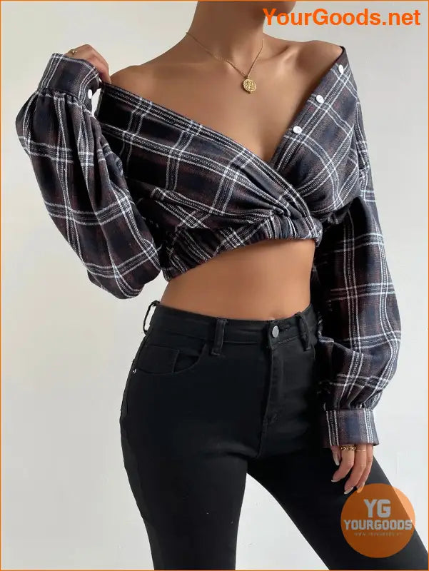 YOURGOODS Tartan Print Lantern Sleeve Crop Blouse - YourGoods Online Shop