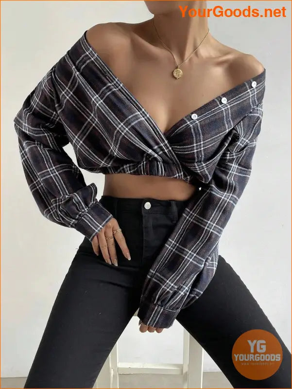 YOURGOODS Tartan Print Lantern Sleeve Crop Blouse - YourGoods Online Shop