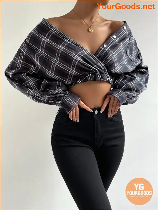 YOURGOODS Tartan Print Lantern Sleeve Crop Blouse - YourGoods Online Shop