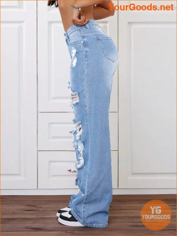 YOURGOODS Trendy Stone Wash Wide Leg Distressed Jeans - YourGoods Online Shop